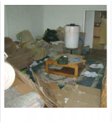 Picture example of tenants that have treated home poorly. Living room is dishelved.